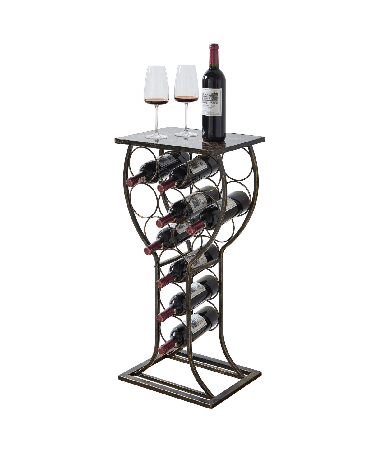 Kings Brand Furniture Freestanding Floor Wine Rack Stand, Mini Bar Table Storage & Display Holder, That Holds 11 Bottles, Marble Finish Table Top - Br