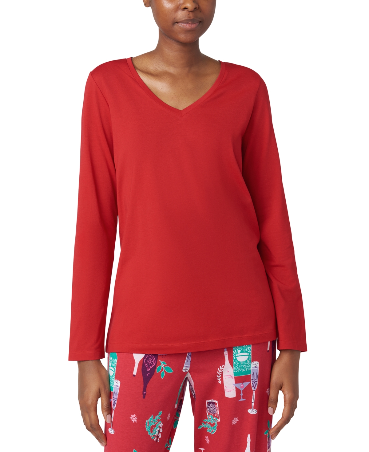 Women's Solid V-Neck Long-Sleeve Pajama Top - Barbados Cherry