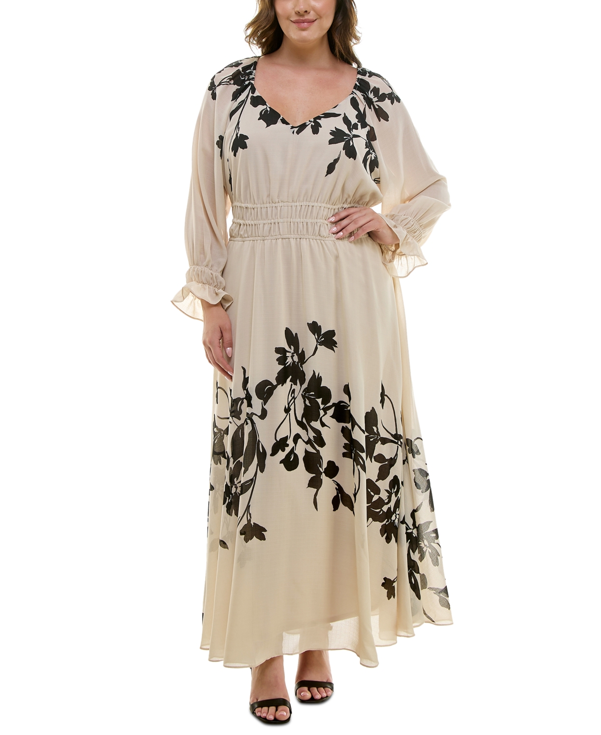 Taylor Plus Size Floral-Print Elastic-Waist Chiffon Maxi Dress