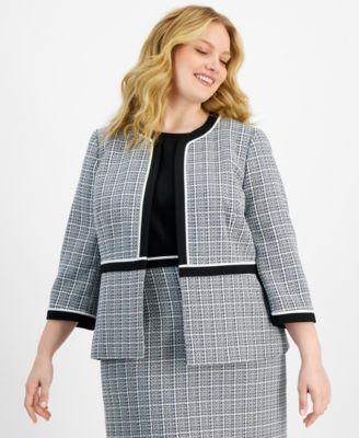 Kasper - Plus Size Open-Front Piped-Trim Tweed Jacket