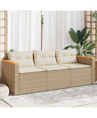 Patio Sofa with Cushions 3-Seater Beige Poly Rattan