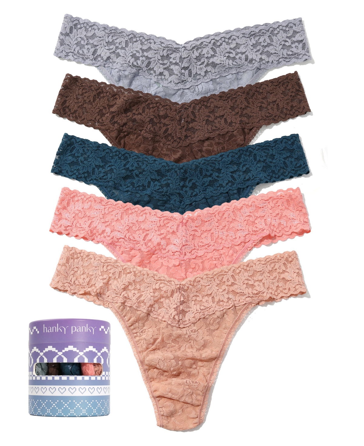Hanky Panky Women's Holiday 5 Pack Original Rise Thong Underwear -Cappuccino/Blue/Pink/Seashell