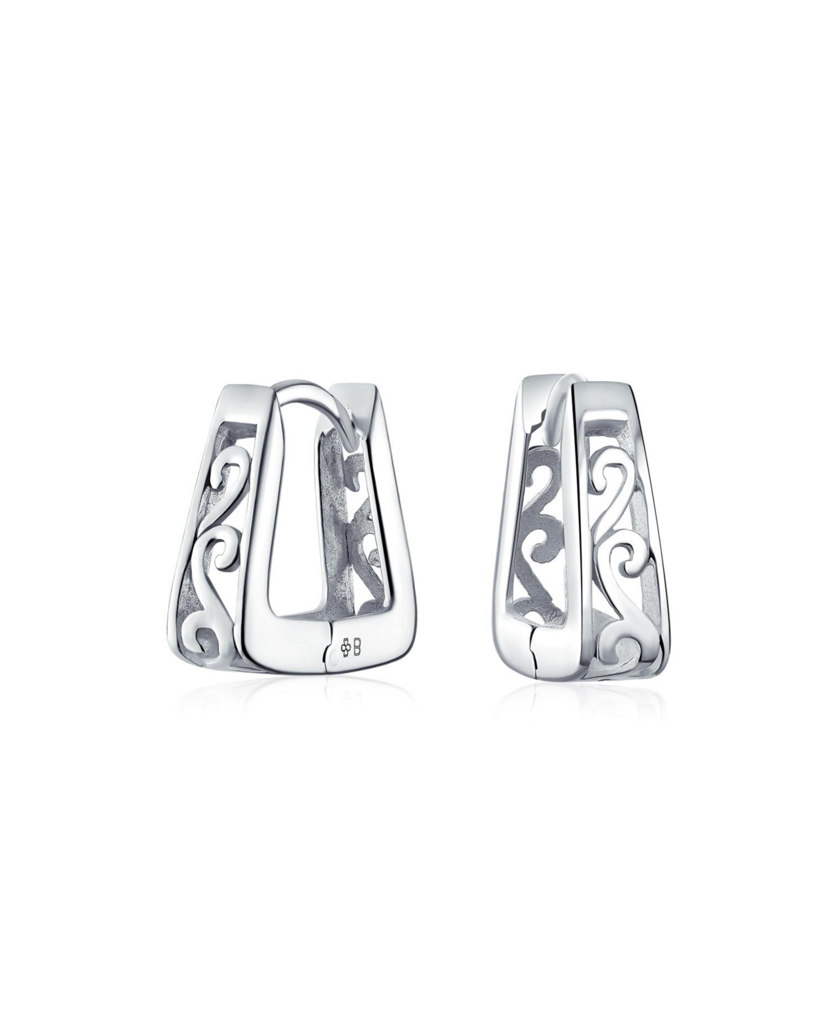 Bling Jewelry Square Pyramid Shaped Scroll Swirl Filigree Kpop Huggie Earrings Hoop For Women 14K Gold Plated .925 Sterling- Silver