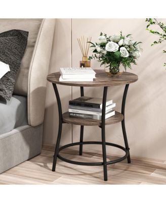 2-Tier Side Table Compact Round Metal Frame Coffee Table w/ Open Shelf Brown
