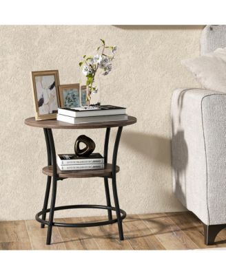 2-Tier Side Table Compact Round Metal Frame Coffee Table w/ Open Shelf Brown