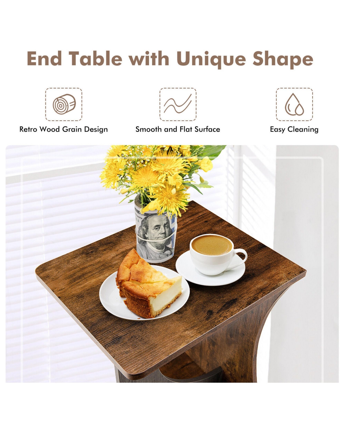 Gymax Side Table 2 Tier Sofa Couch Table Compact C-shape End Table Snack Coffee Table - Retro color + dark grey
