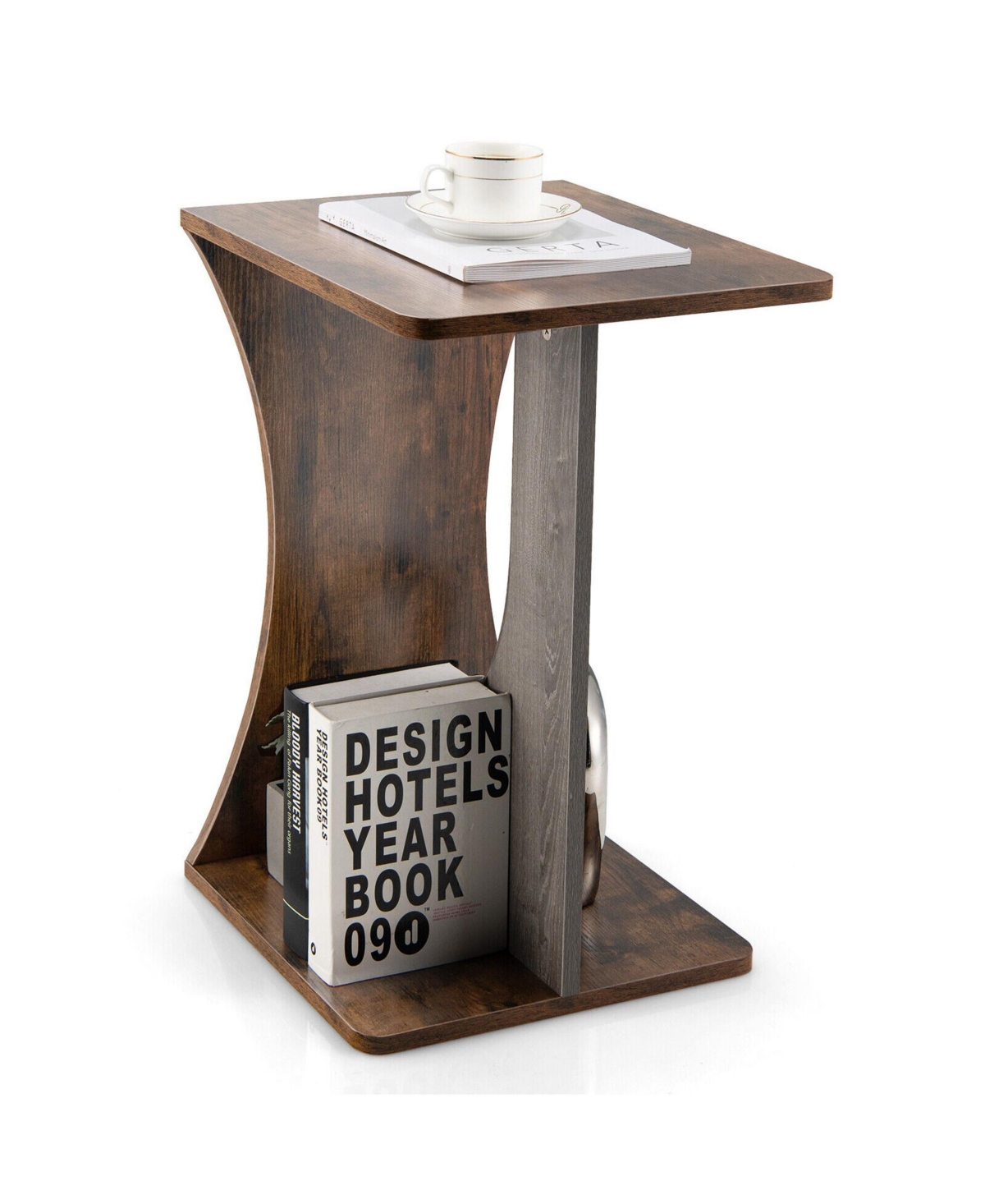 Gymax Side Table 2 Tier Sofa Couch Table Compact C-shape End Table Snack Coffee Table - Retro color + dark grey