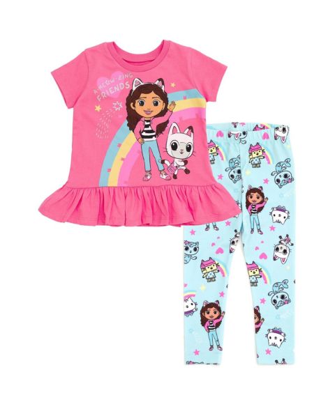 Gabby's Dollhouse Toddler Girls Dreamworks Pandy Paws Box Cakey Cat Peplum T-Shirt and Leggings Outfit Set, цвет: Розовый / Синий