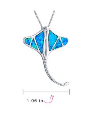 Large Nautical Ocean Blue Created Opal Inlay Stingray Pendant Necklace .925 Sterling Silver