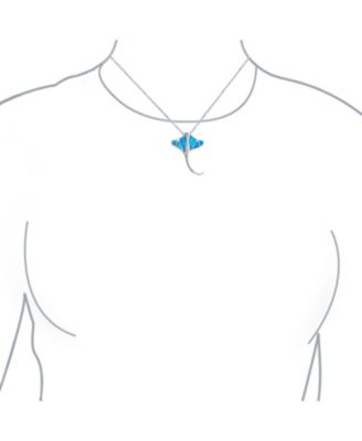 Large Nautical Ocean Blue Created Opal Inlay Stingray Pendant Necklace .925 Sterling Silver