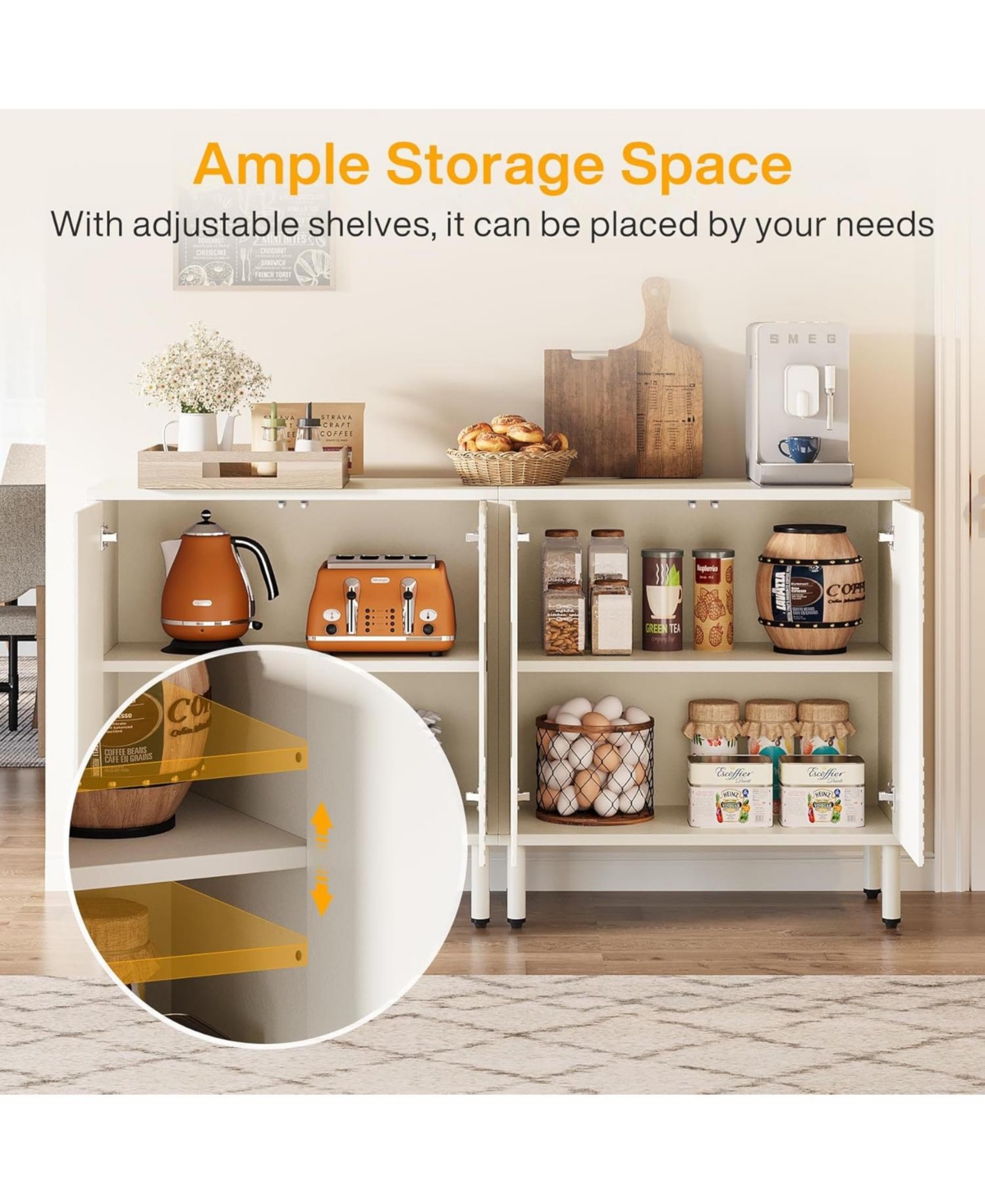 Tribesigns Buffet Cabinet with Storage,Sideboard Cabinet with 4 Doors and Adjustable Shelves, Modern Coffee Accent Cabinet Storage Cabinet