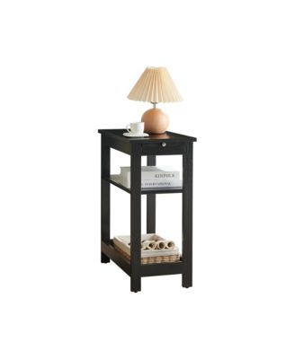 Slim Wood Side End Table with Storage Shelves & Pull-Out Tray, Nightstand for Bedroom, Living Room