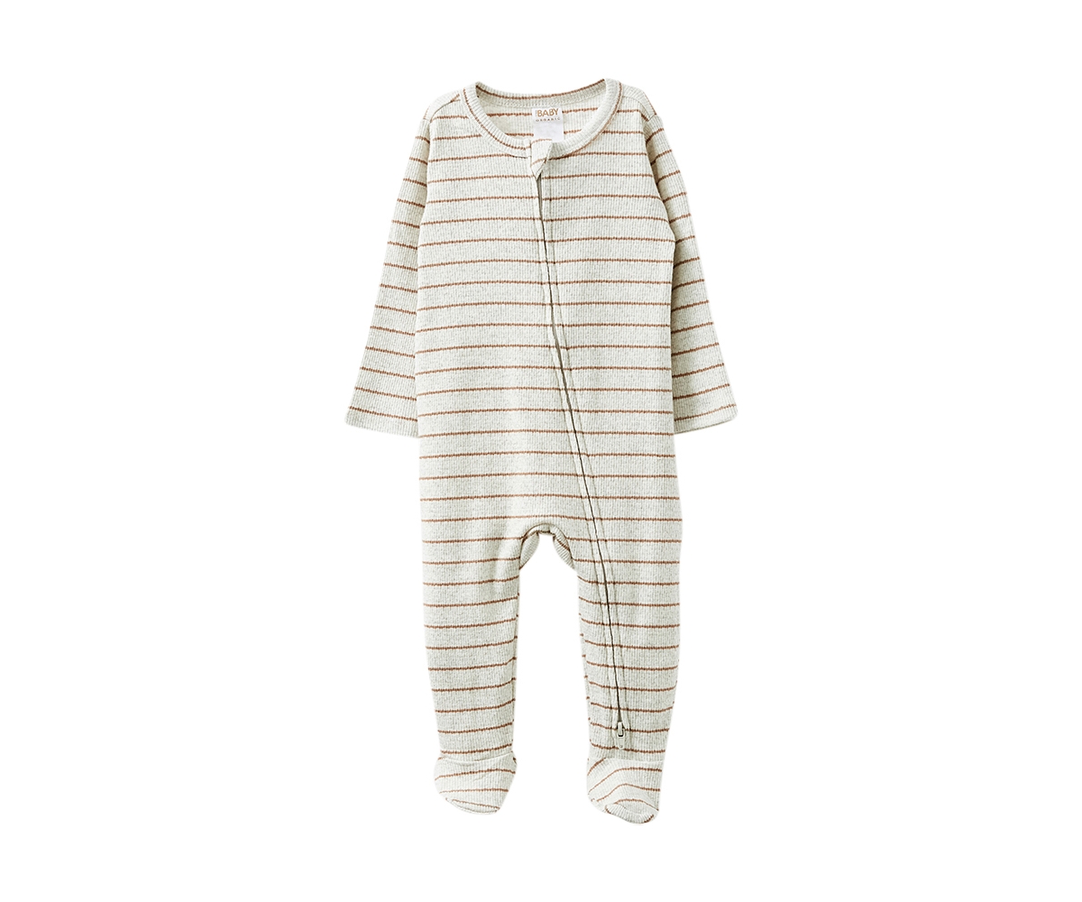 Cotton On Baby Boys Pointelle Zip All In One Romper -taupy brown stripe
