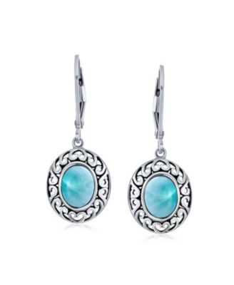 3CTW Natural Stones Oval Bezel Set Lever Back Dangle Earrings Oxidized .925 Sterling Silver