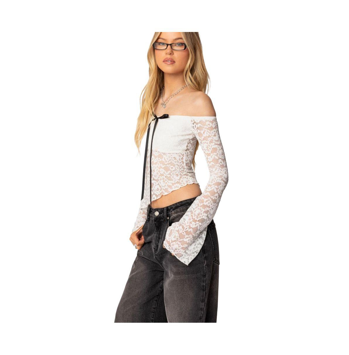 Edikted Women's Asymmetric Sheer Lace Off Shoulder Top