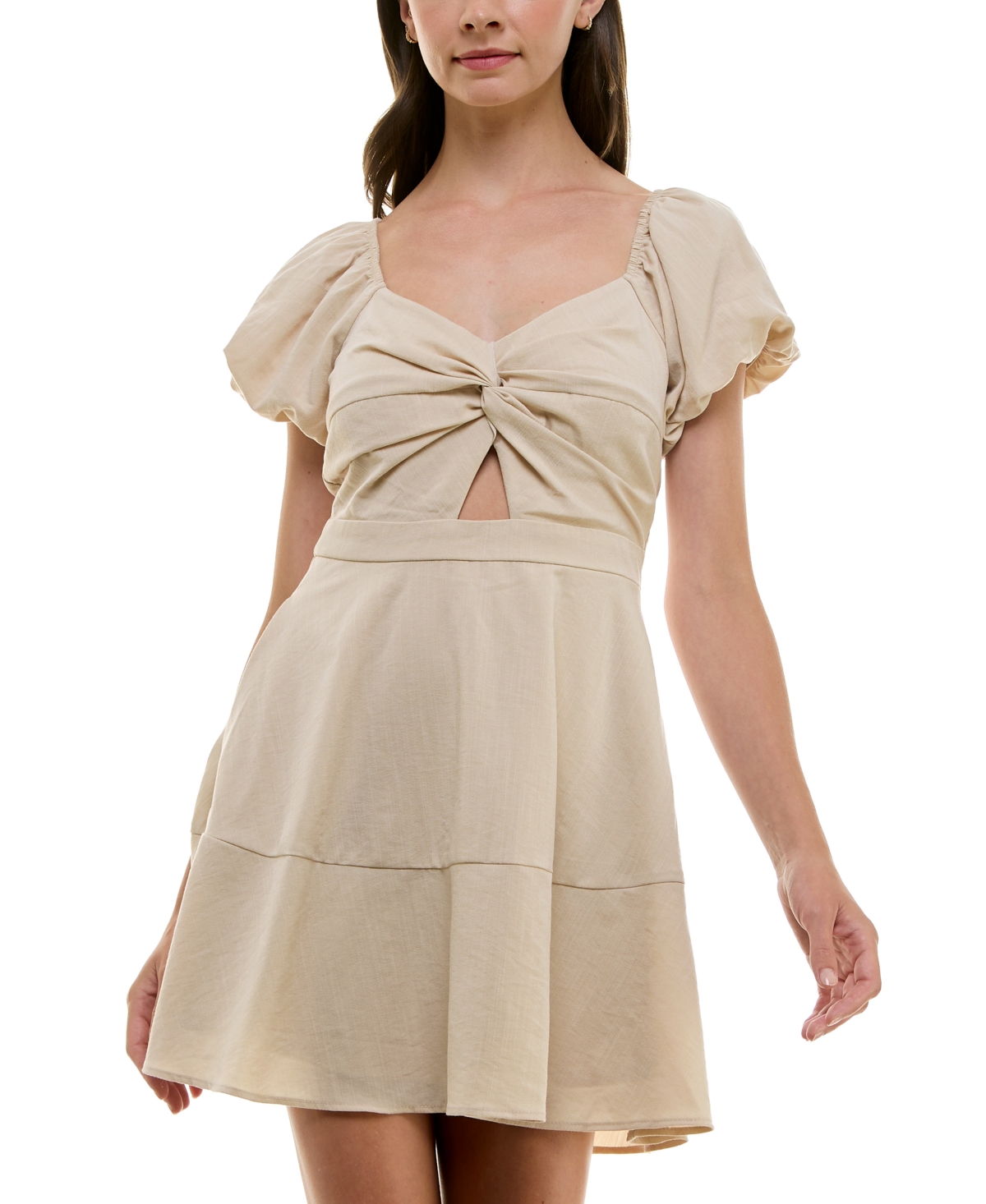 Trixxi Juniors' Twist-Front Puff-Sleeve Fit & Flare Dress