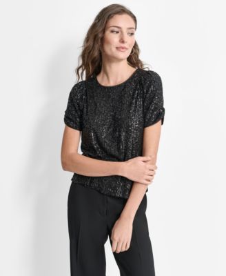 DKNY - Petite Sequined Short-Sleeve Crewneck Top