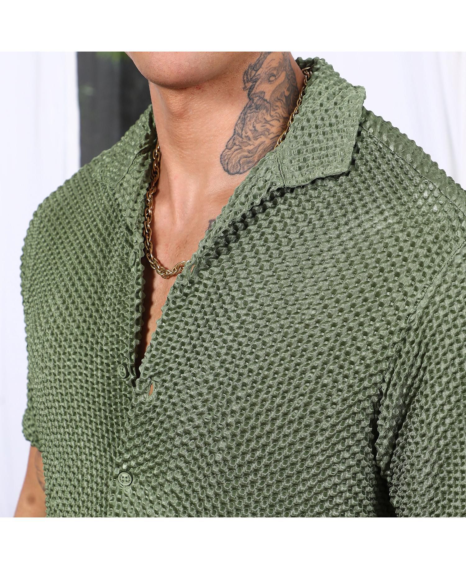Men's Olive Green Puffy-Textured Shirt