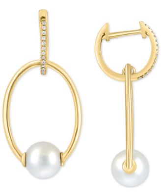 EFFY&reg; Cultured Freshwater Pearl (7mm) & Diamond (1/10 ct. t.w.) Doorknocker Drop Earrings in 14k Gold