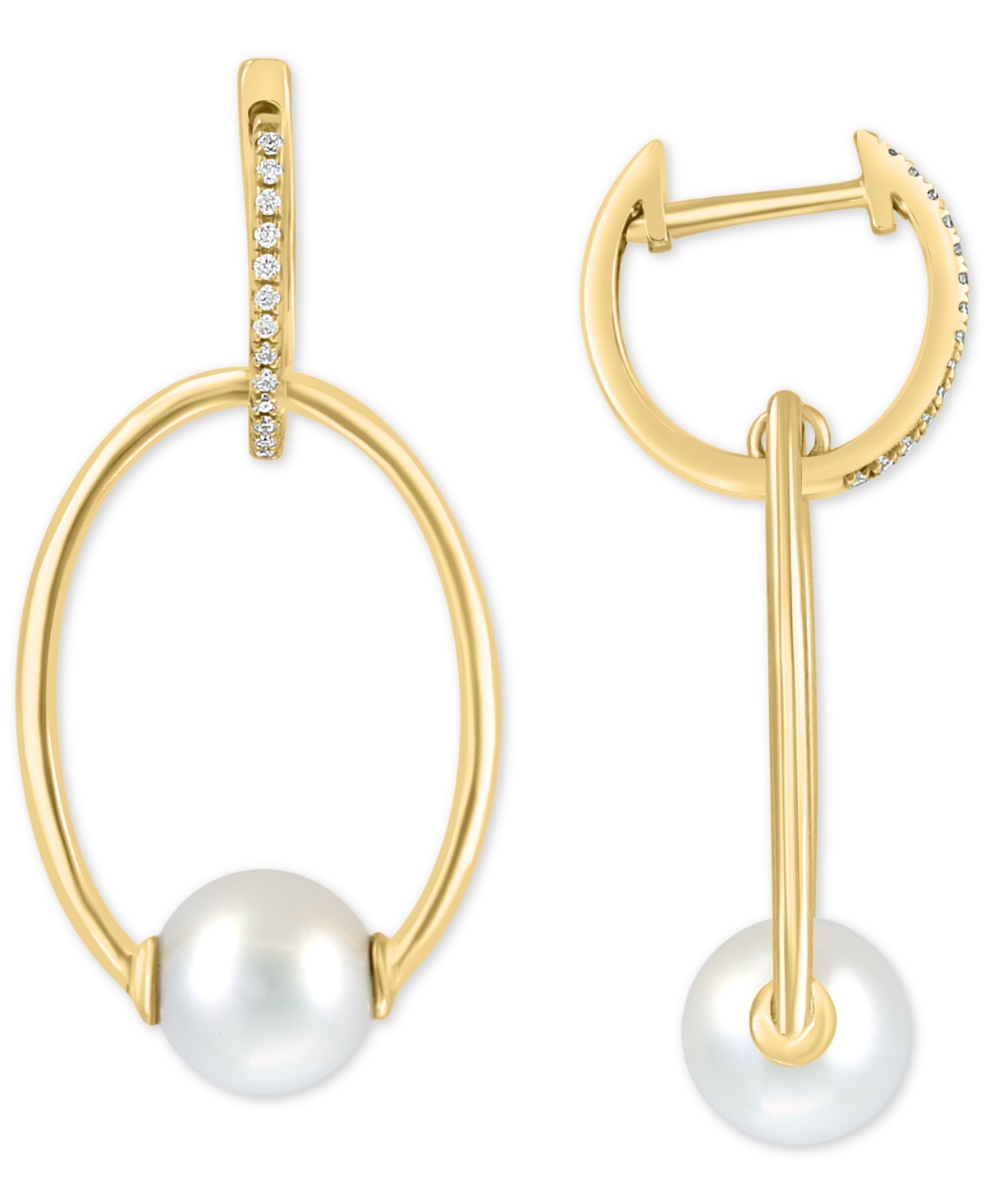 Effy Collection Effy Cultured Freshwater Pearl (7mm) & Diamond (1/10 Ct. T.w.) Doorknocker Drop Earrings In 14k Gold