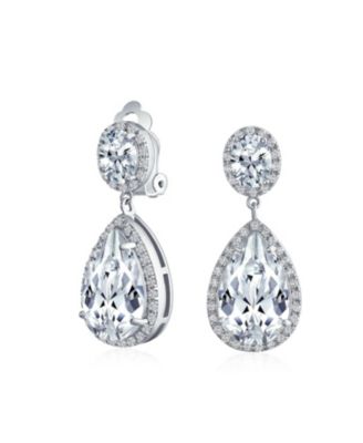 Cubic Zirconia Pave CZ Halo Statement Large Teardrop Dangle Clip On Earrings Prom 14K Gold Plated Brass