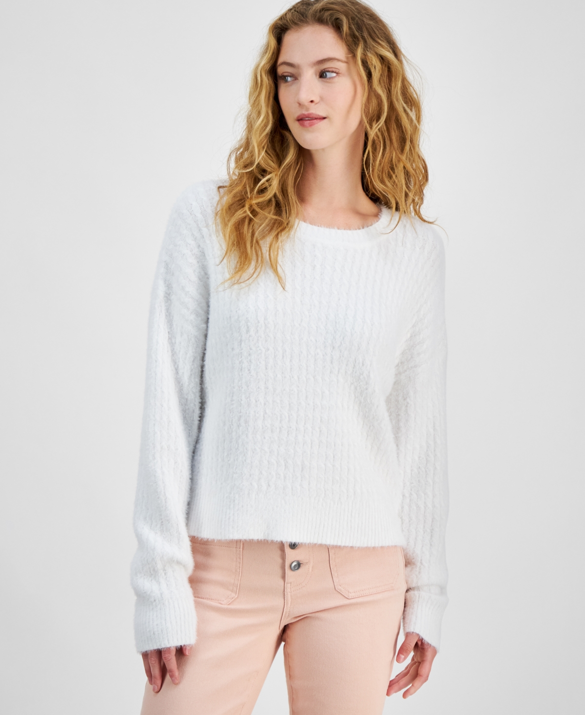 Juniors' Ribbed Eyelash Drop-Shoulder Sweater - Bright White