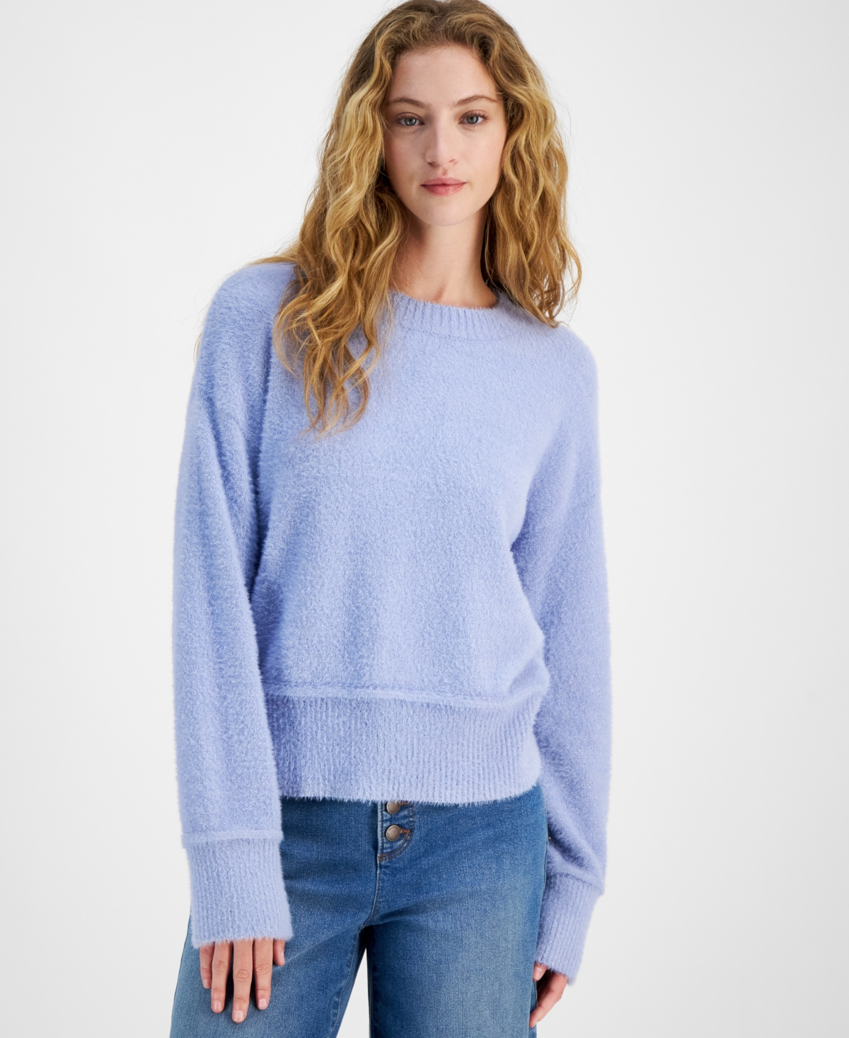 Juniors' Cozy Drop-Shoulder Eyelash Lurex Crewneck Sweater - Frozen Perri
