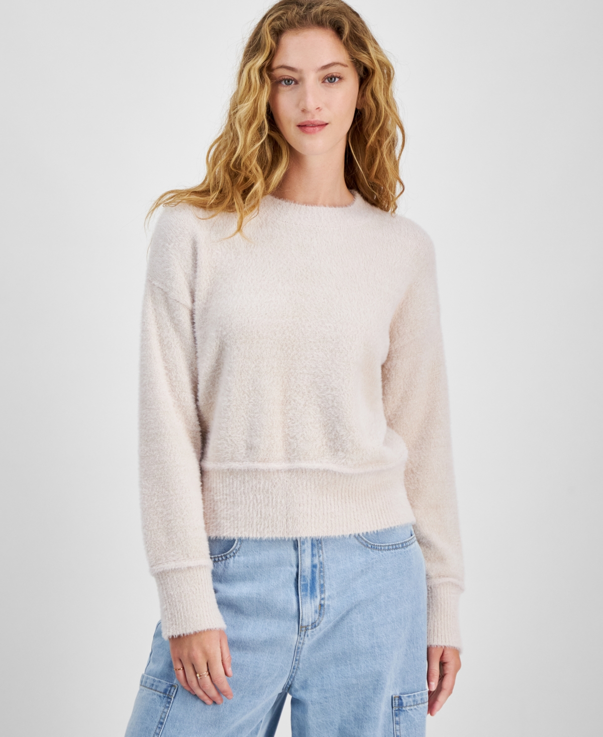 Juniors' Cozy Drop-Shoulder Eyelash Lurex Crewneck Sweater - Icy Pink