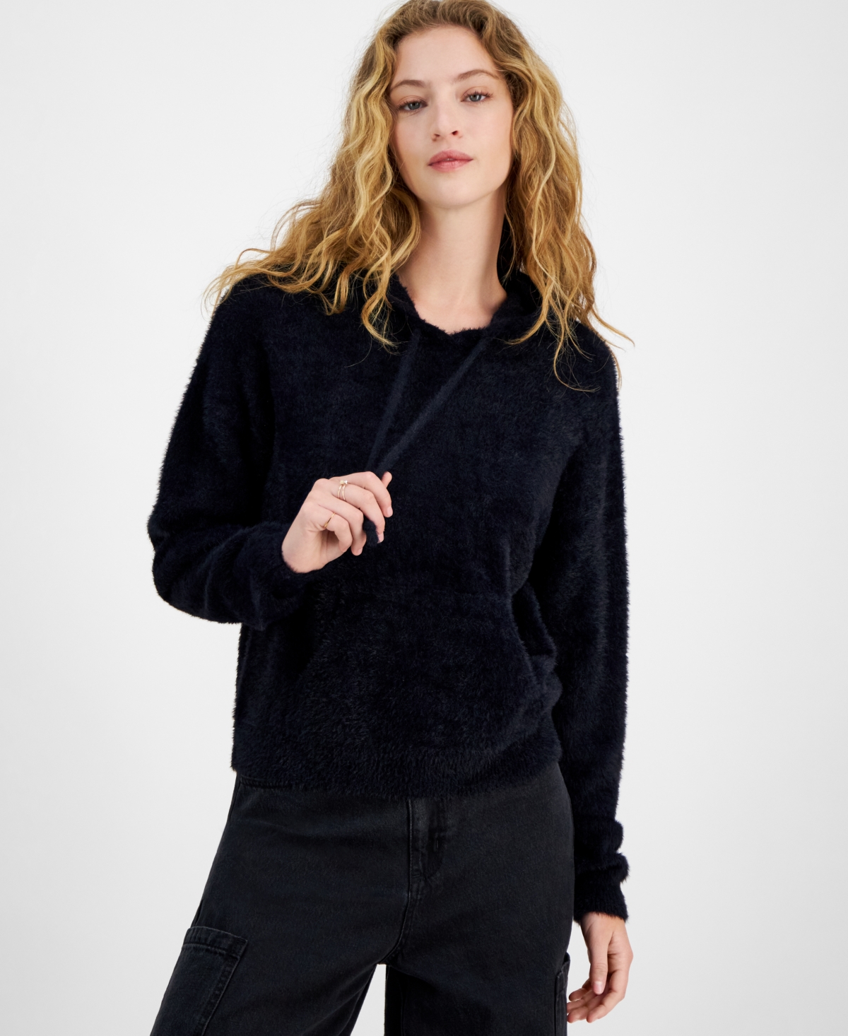Juniors' Dropped-Shoulder Hoodie - Black