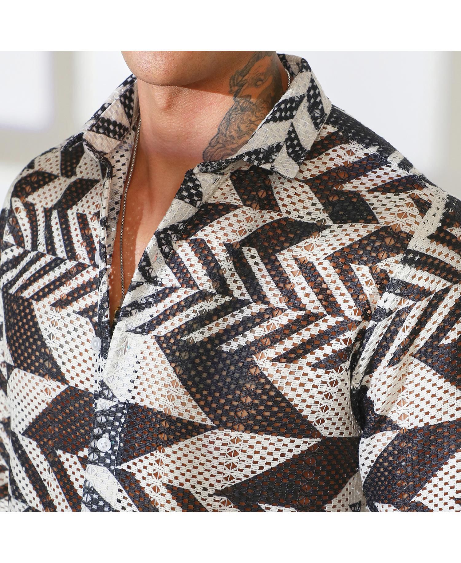 Men's Taupe Brown & Cream White Chevron-Knit Shirt