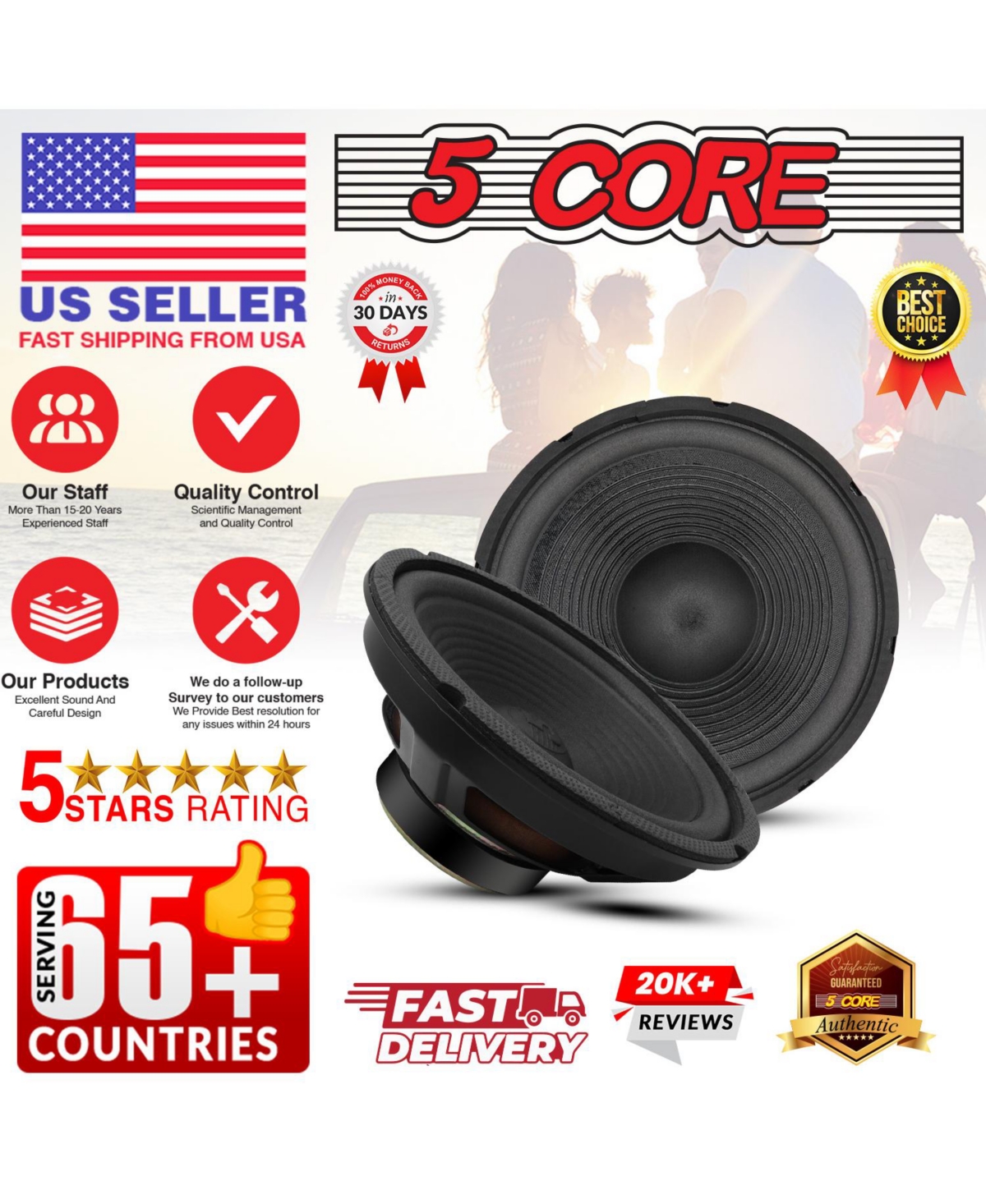 5 Core 8 Inch Subwoofer Speaker 500W Peak 4 Ohm Replacement Car door Bass Sub Woofer - 4 Pcs