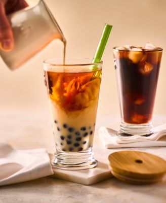 Napoleon Bee Bubble Tea&nbsp;Glass&nbsp;with Wood Lid and Straw, 15 oz.