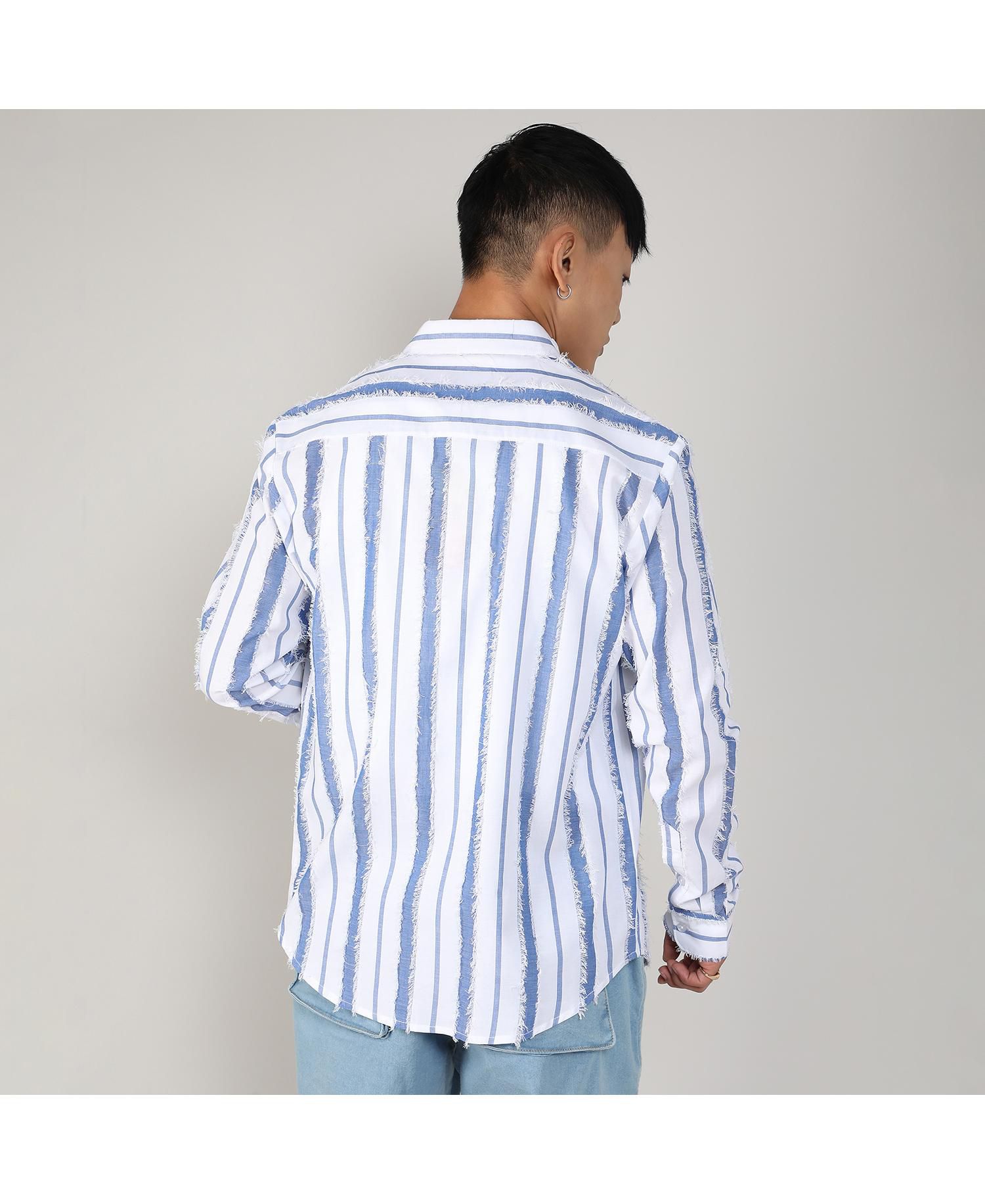 Men's Sky Blue & Chalk White Striped Fringe Shirt