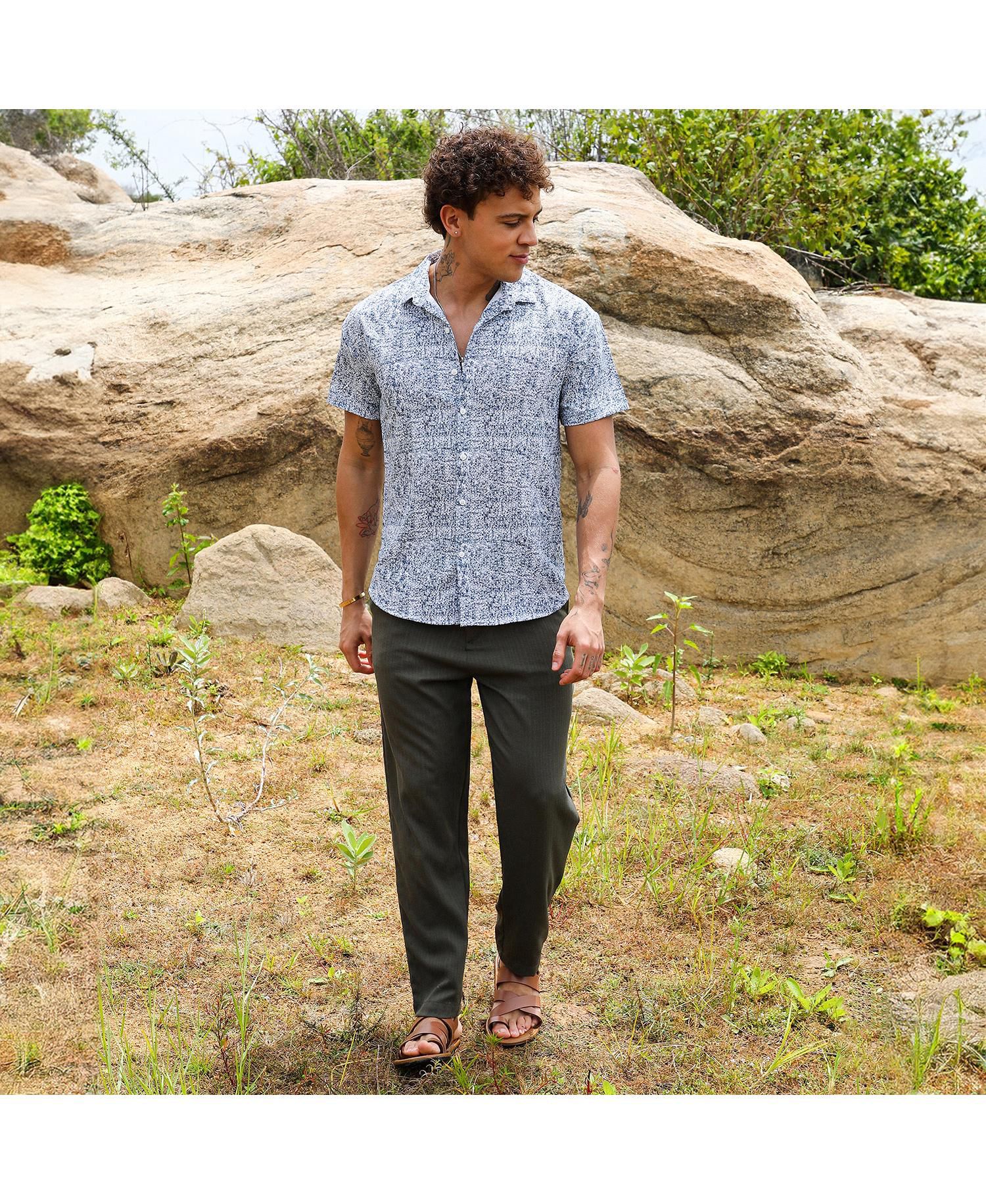 Men's Cream White & Indigo Blue Contrast Hazy Shirt