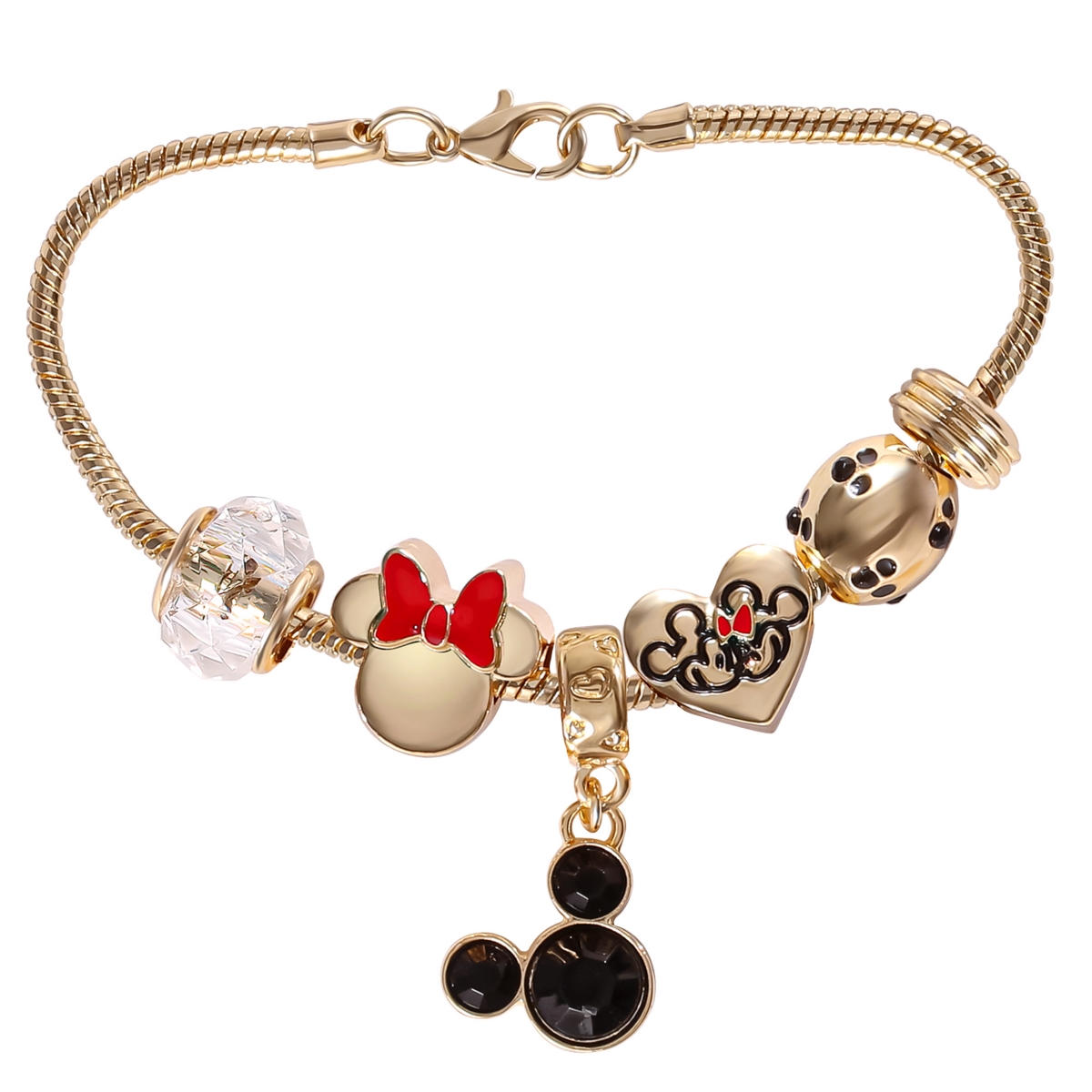 Minnie Mouse Fashion 7" Charm Bracelet with Heart, Bow, and Crystal Beads - Gold tone, red