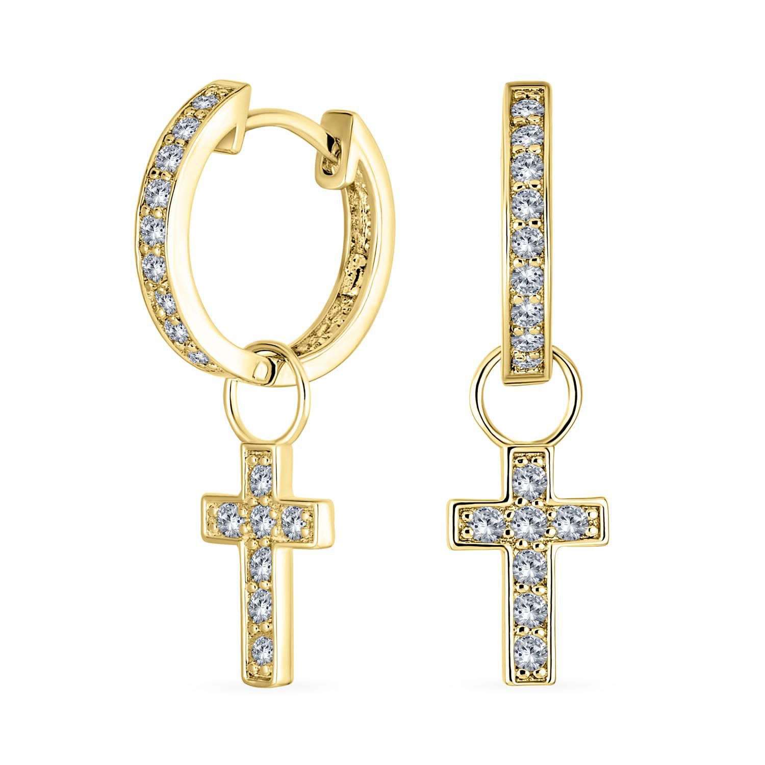 Religious Dangle CZ Cross Mini Hoop Huggie Earrings Silver Plated