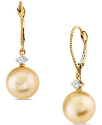 Macy's - Cultured Golden South Sea Pearl (10mm ) & Diamond (1/6 ct. t.w.) Drop Earrings in 14k Gold
