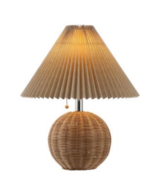 Aksel 17.25" Coastal Scandinavian Resin/Iron Sphere LED Table Lamp with Pleated Shade and Pull Chain, Beige Wood Finish/White