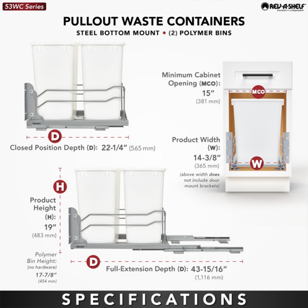 Rev-a-Shelf Double Pullout Trash Can 35 qt. with Soft-close, 53WC-1835SCDM-212