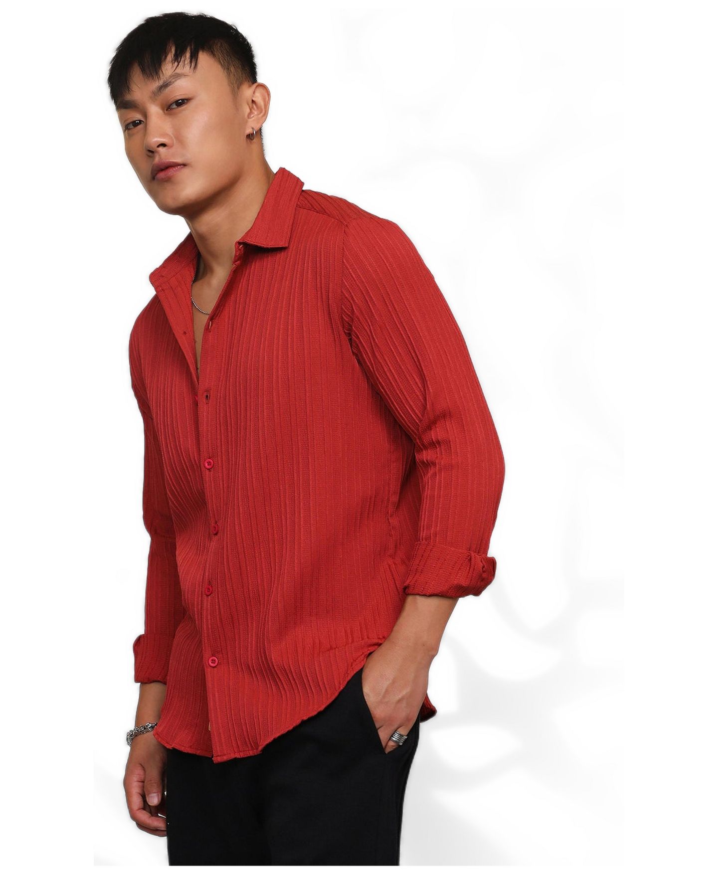 Мужская рубашка Cahoot Campus Sutra Cadmium Red Self-Design Striped, цвет: Красный — фото 3
