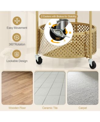 2-Tier Mobile Glass Coffee Table w/ Bear Pattern Storage Basket Transparent & Golden