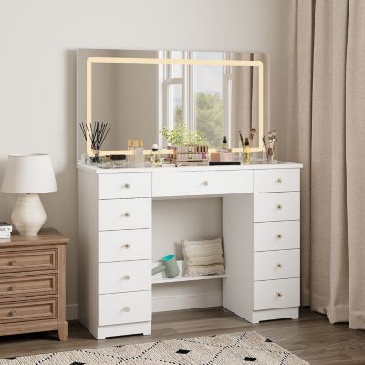 11-Drawer Vanity with 3 Color LED Mirror, Tempered Glass Countertop,Crystal Handle, Makeup Table,Chest