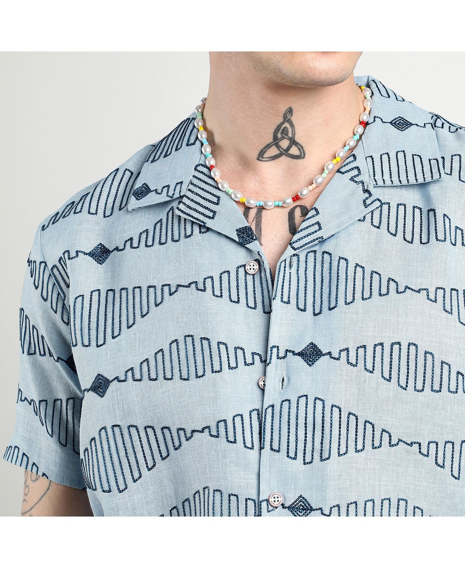 Men's Icy Blue Embroidered Geometric-Lined Shirt