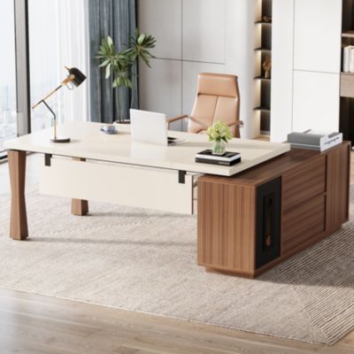 71-Inch Executive Desk, L-Shaped Desk with Cabinet, Large Office Desk with Storage Shelves, Writing Table Desk Business Furniture Set