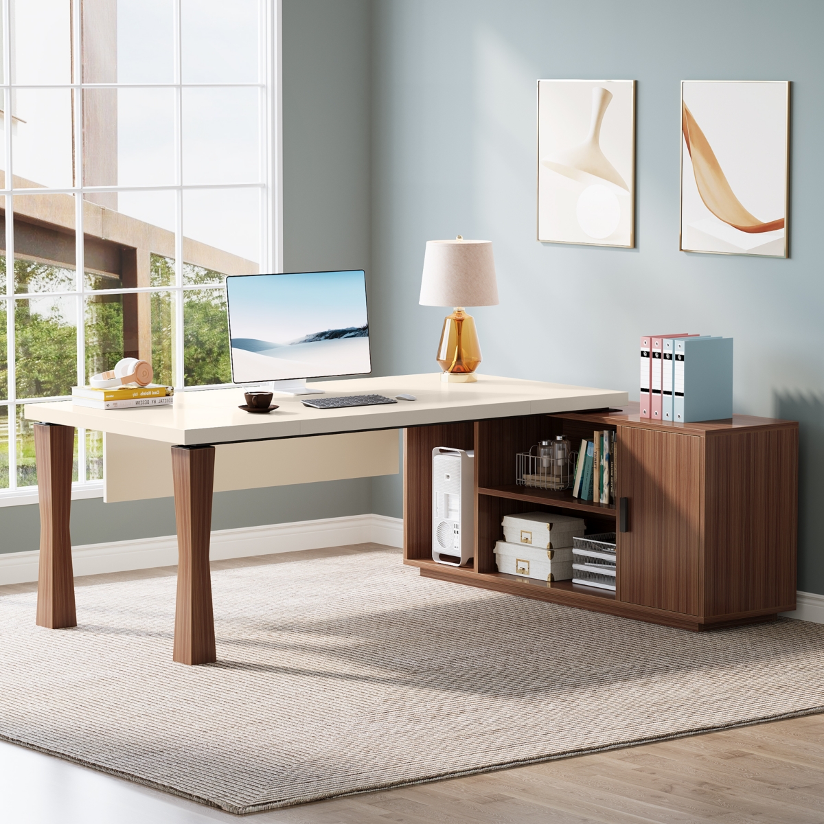 Tribesigns 71-Inch Executive Desk, L-Shaped Desk with Cabinet, Large Office Desk with Storage Shelves, Writing Table Desk Business Furniture Set for H