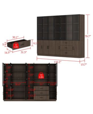 Brown Wood 23-Shelf Accent Bookcase with Glass Doors, Lights