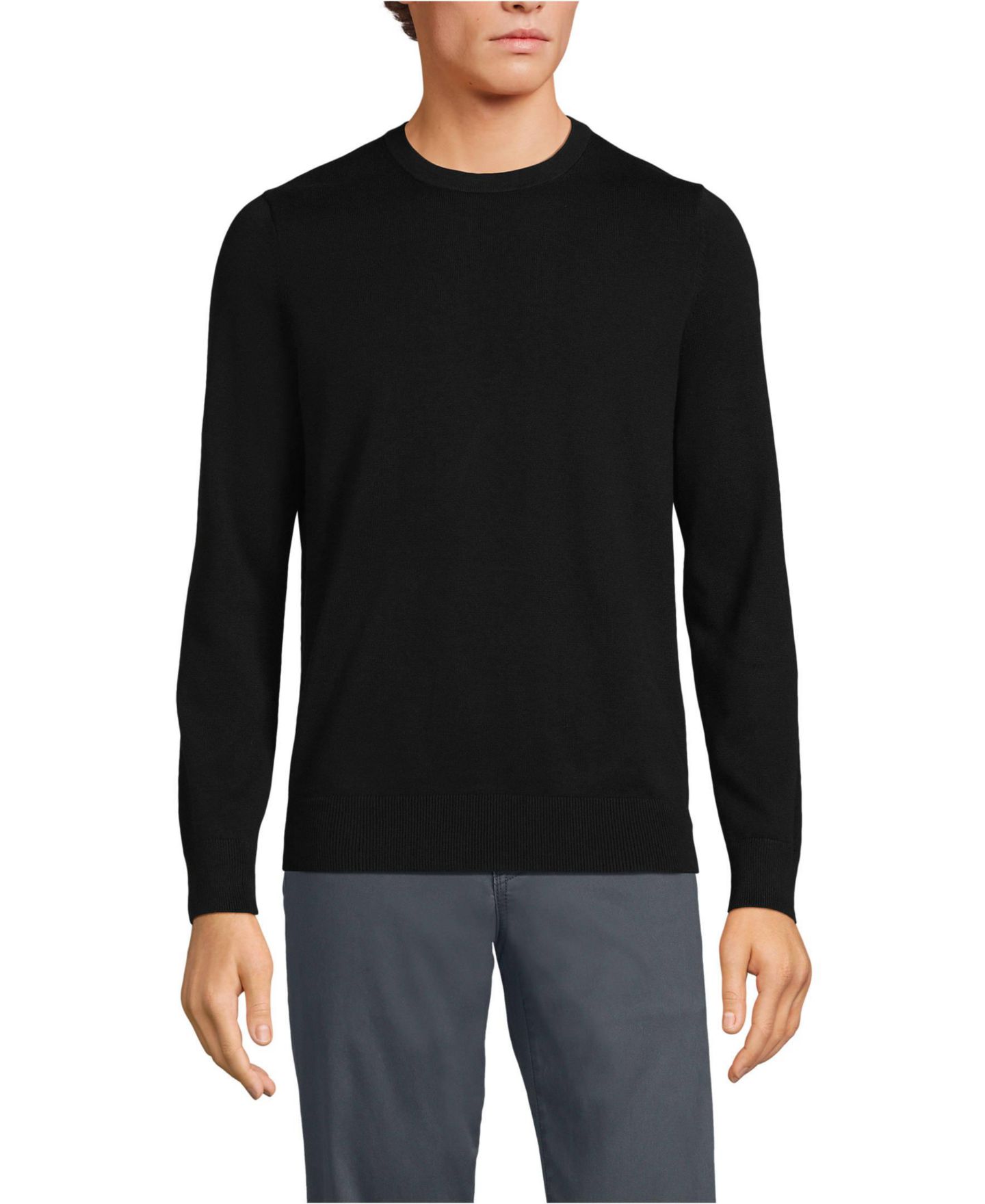 Мужской свитер Lands' End Fine Gauge Cotton Crew Neck, цвет: Чёрный — фото 1