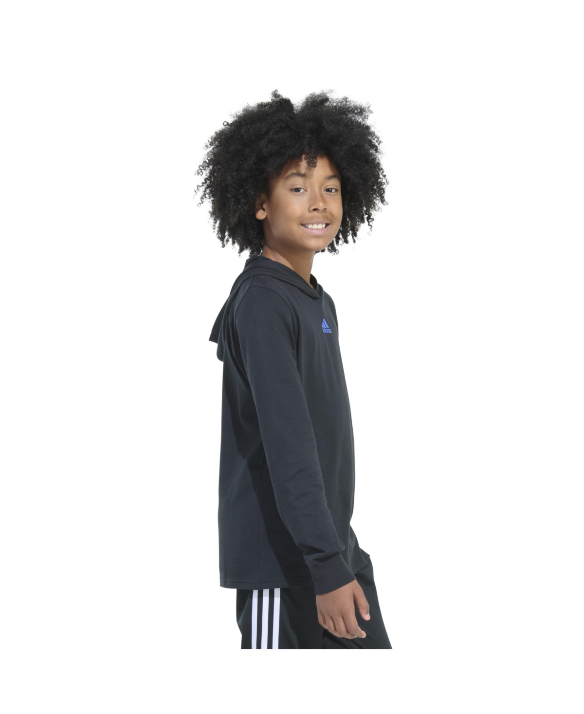 adidas Big Boys Long Sleeve Hooded Signature Tee - Black with Blue