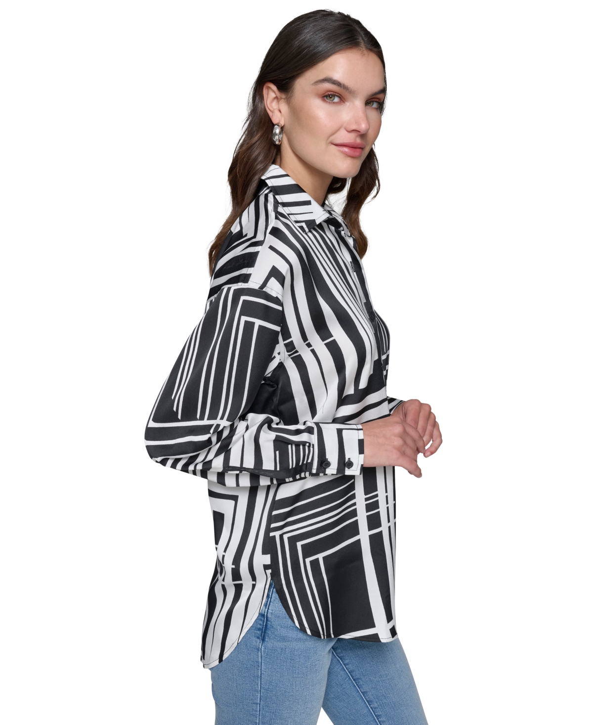 Karl Lagerfeld Paris Women's Oversized Printed Satin Button-Front Top - Black  Soft White