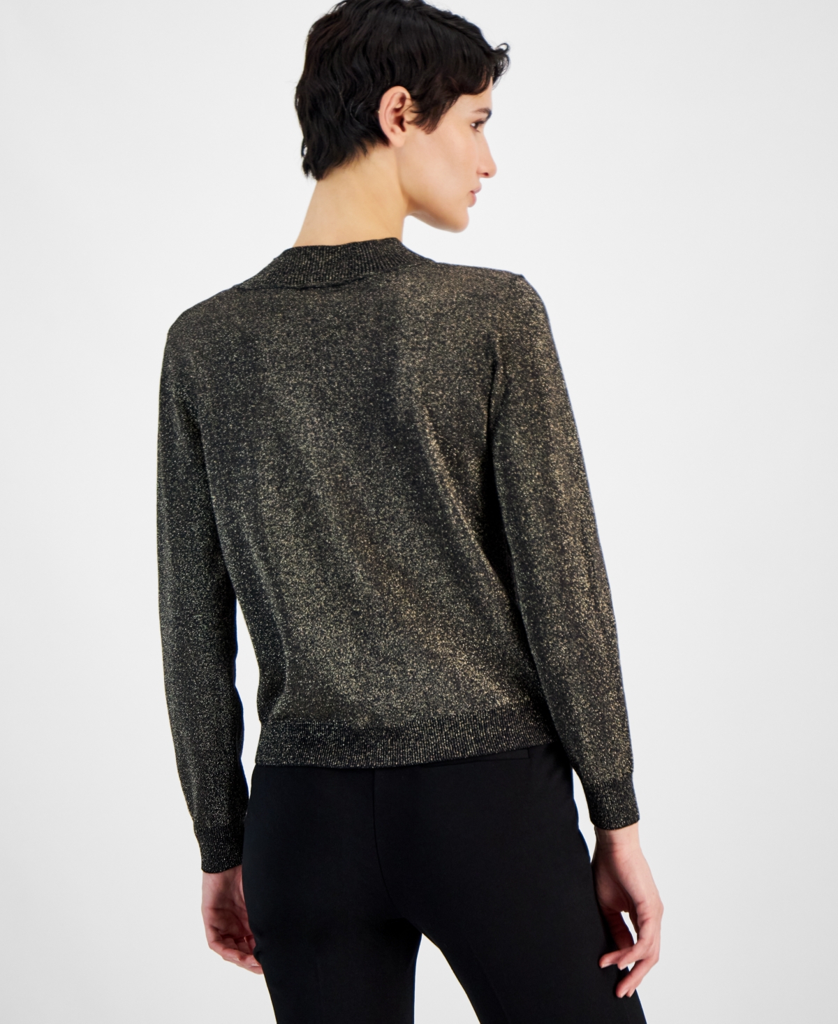 T Tahari Women's Metallic Mock-neck Long-sleeve Sweater In Black,gold Lurex